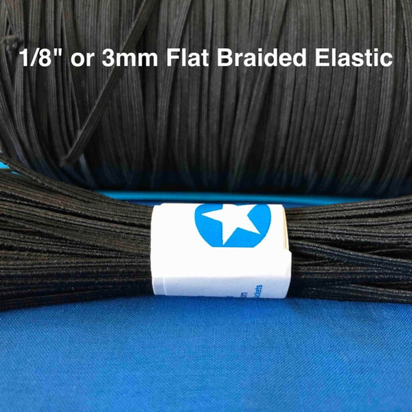 Special Purchase! 288 yard rolls of 1/8 inch elastic for sewing face masks. Flat, Soft, Braided elastic in Black or White.
