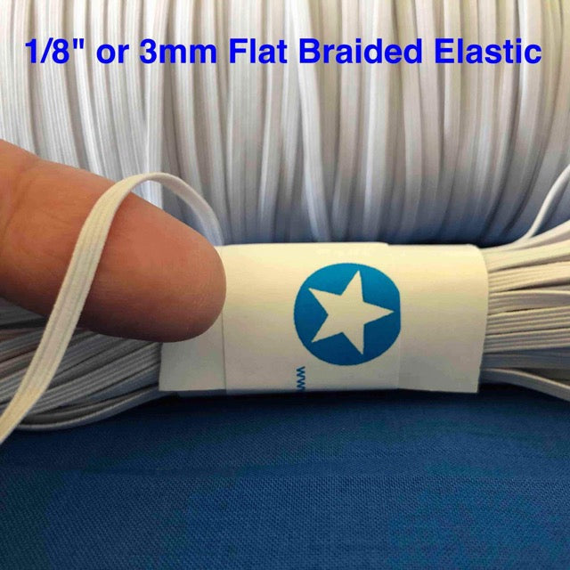 Full 288 yd rolls of 1/8 inch or 3mm elastic for sewing face masks. Flat, Soft, Braided elastic in Black or White. Free Shipping from Ohio.
