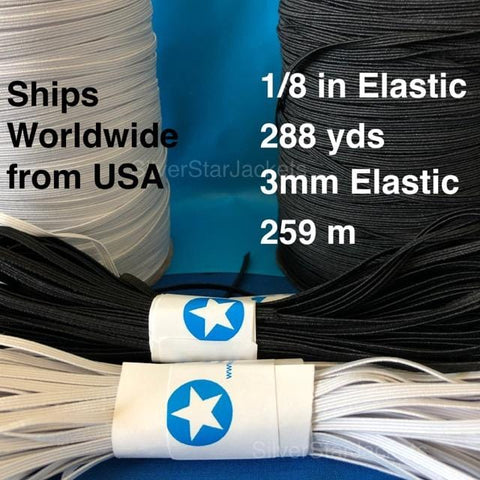 Full 288 yd rolls of 1/8 inch or 3mm elastic for sewing face masks. Flat, Soft, Braided elastic in Black or White. Free Shipping from Ohio.