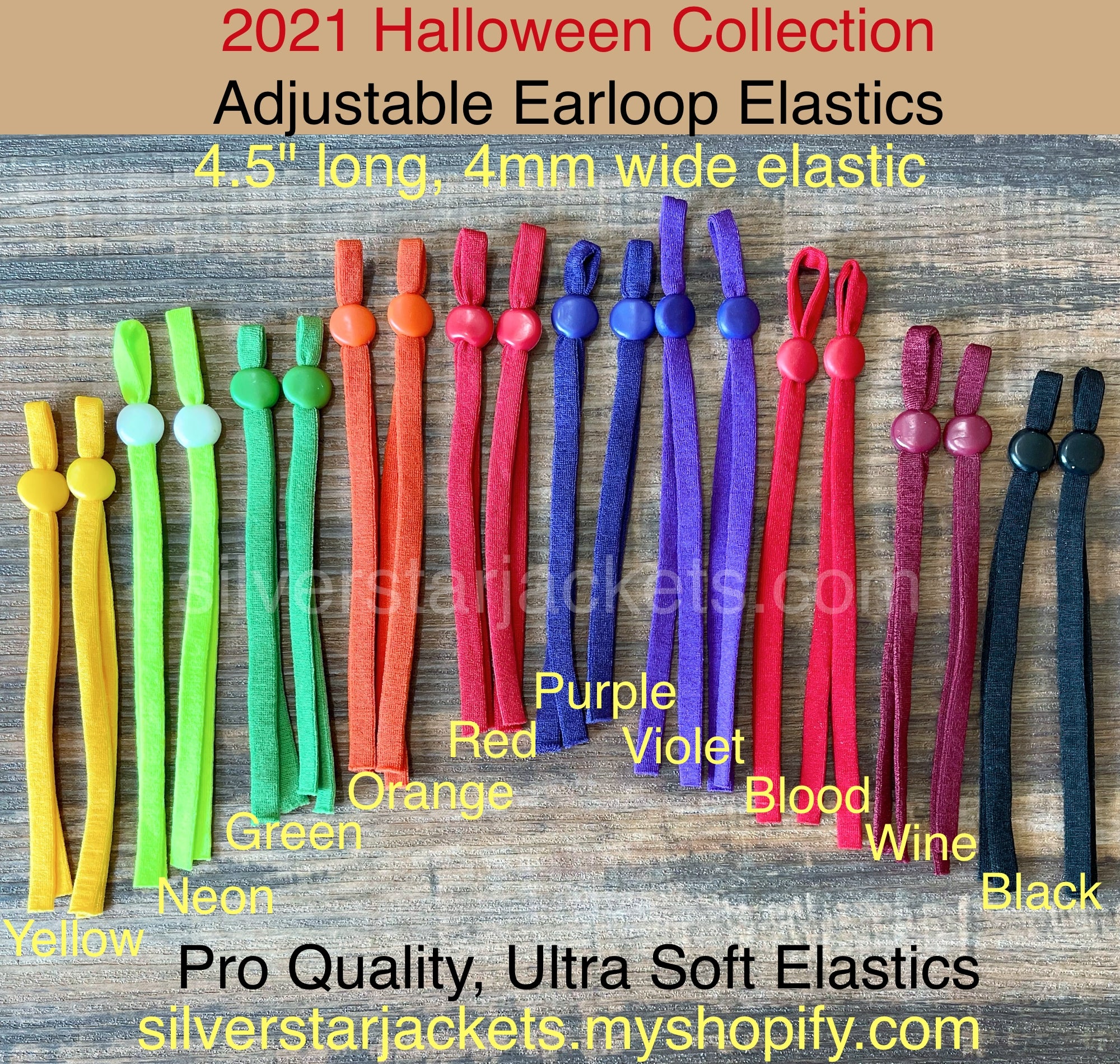 2021 Halloween Collection of elastic earloops for sewing masks in TEN colors. Orange, Purple, Blood Red, Black and more. Ships from Ohio.