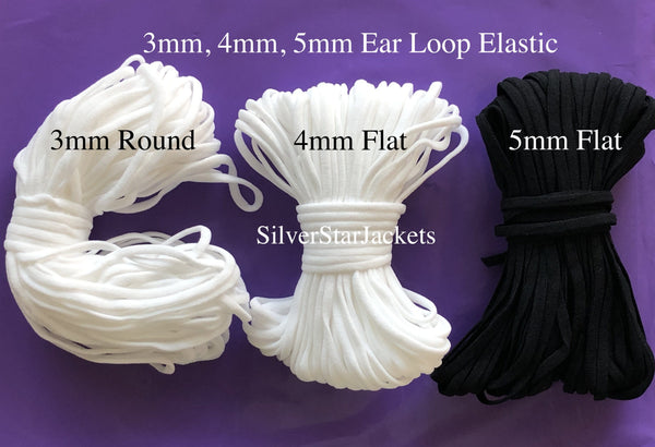 5mm flat, soft, ear loop elastic in BLACK for sewing adjustable masks. Sold in 10 and 20 yard bundles. Ships from Ohio.