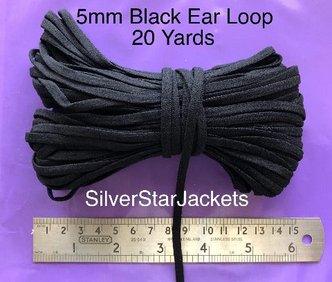 5mm flat, soft, loop elastic in BLACK for sewing face coverings. Sold in 10 and 20 yard bundles. Ships from Ohio