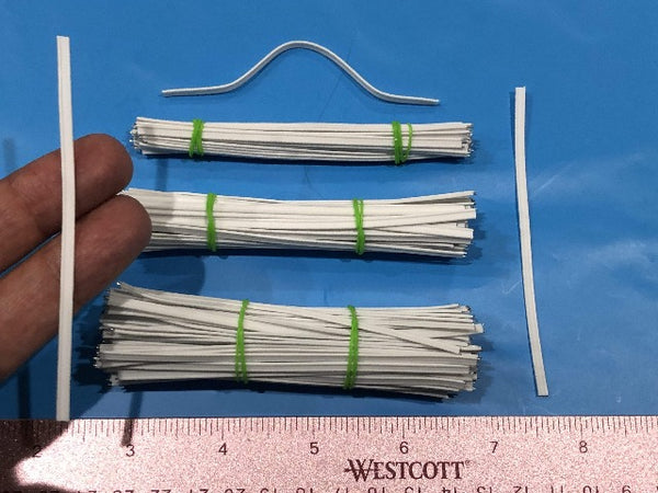 Bendable Plastic Strips for Nose Wire Sewing into Masks. 4mm wide, 4.5 inch long Flat plastic strips with metal wires. Ships from Ohio.