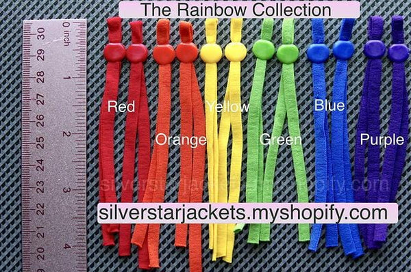 The RAINBOW Collection of colored elastic loops with silicone buckles for sewing masks. Red, Orange, Yellow, Green, Blue and Purple. Ships from Ohio.