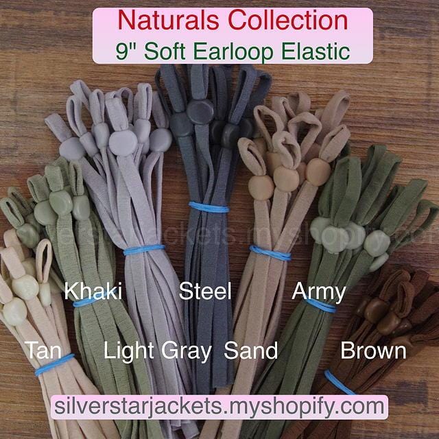 NATURALS Collection of colored elastic loops with silicone buckles for sewing masks. Tan, Brown, Khaki, Gray, Sand and Steel. Ships from Ohio.