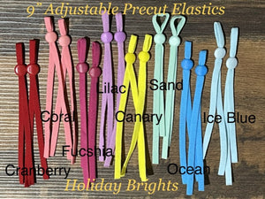 Holiday BRIGHTS Collection of adjustable elastic bands for masks in EIGHT colors. Cranberry, Coral, Fuchsia, Lilac, Canary, Sea Foam, Ocean and Ice Blue. Ships from Ohio.